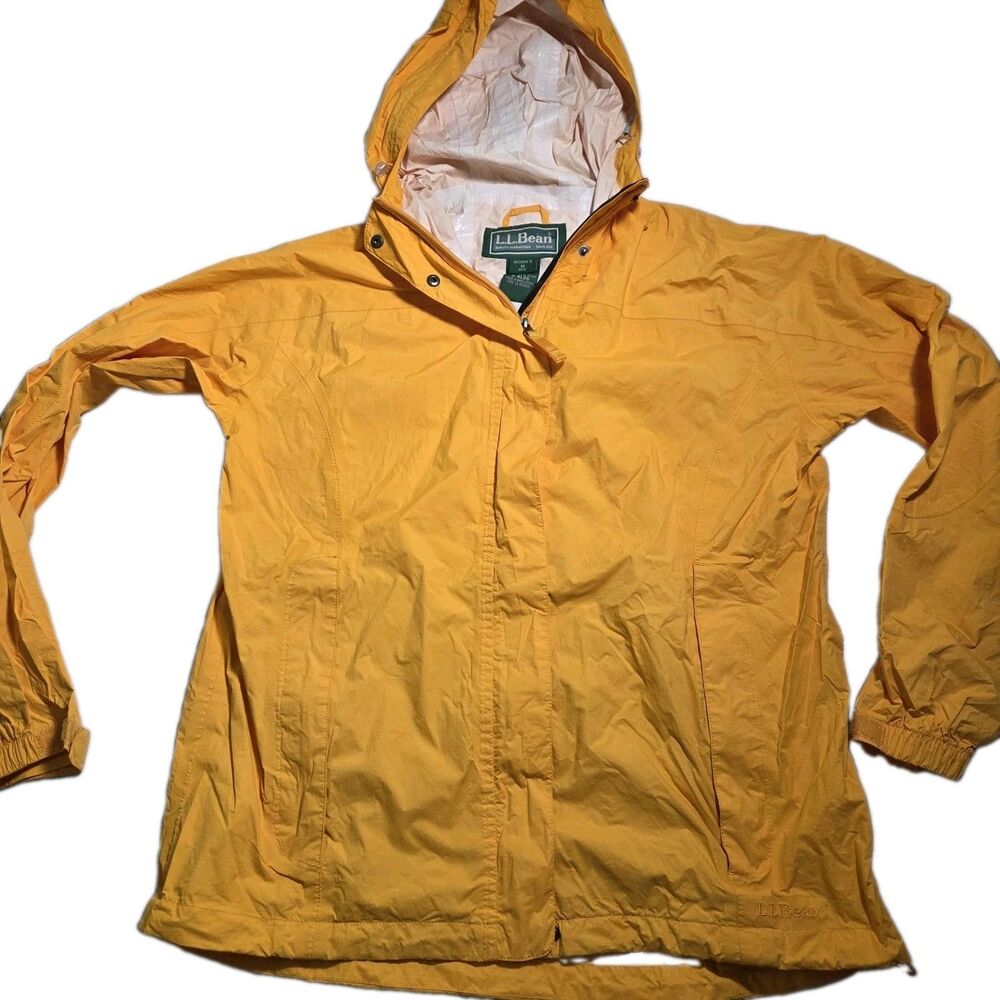 LL Bean Trail Model Rain Jacket Womens Medium Reg Hooded Yellow Waterproof Coat
